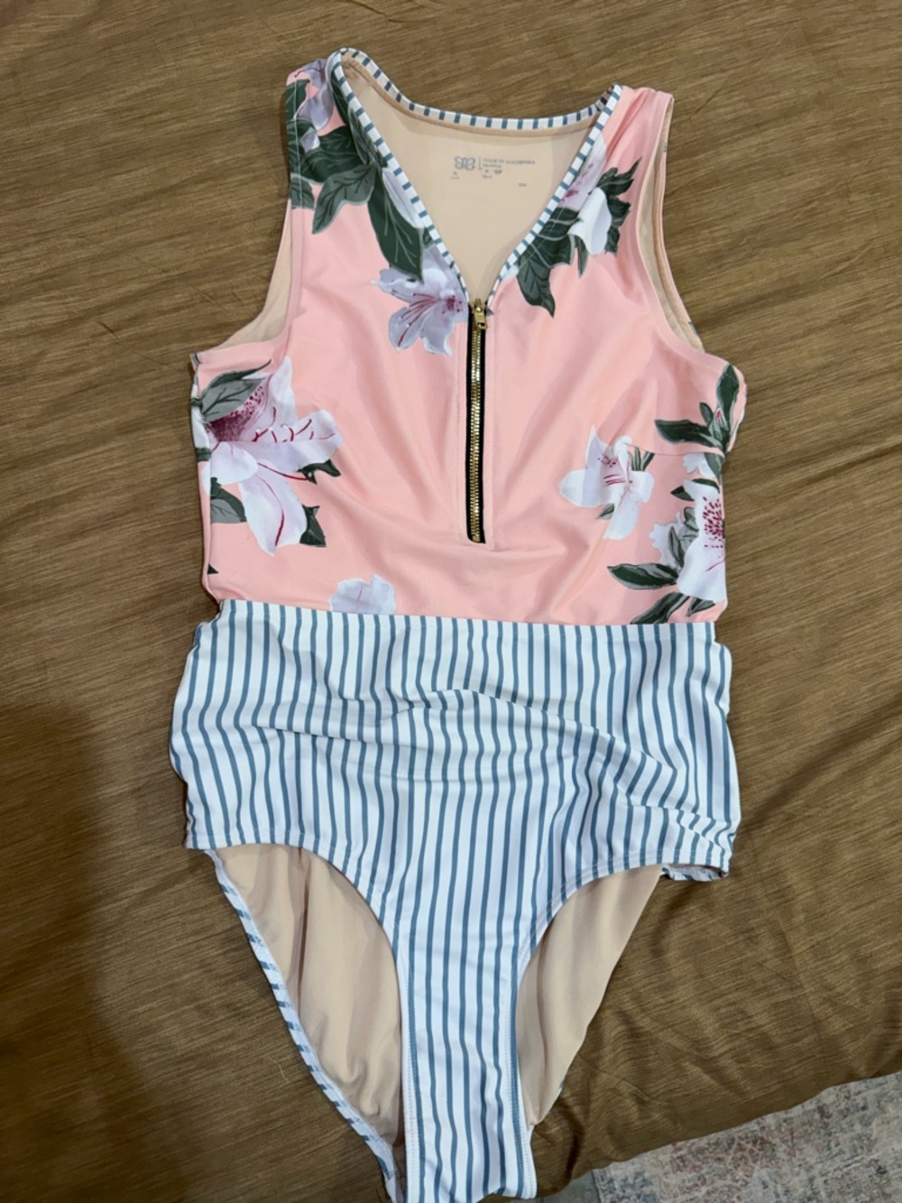 Albion Peach Floral and Blue-Striped Zip Front One-Piece